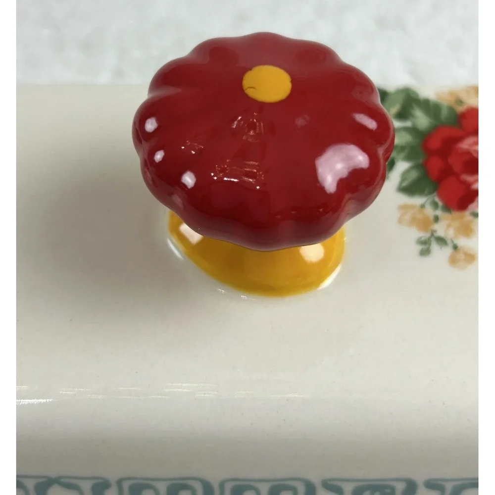 Pioneer Woman Single Stick Butter Dish Vintage Floral Stoneware Teal Red Ivory